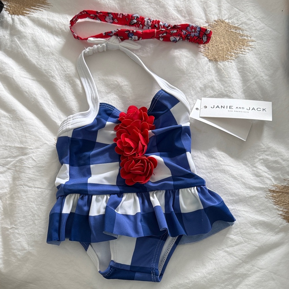 Janie and Jack Blue Checkered One Piece with Red Floral Accents